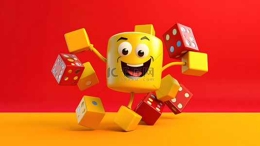 欢快的地球吉祥物在 3D 呈现的充满活力的黄色背景上与红色游戏骰子立方体一起翱翔