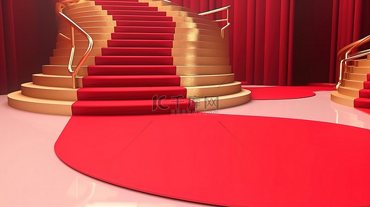 在被红地毯楼梯包围的讲台上以 3d 渲染的金色 tiktok 标志