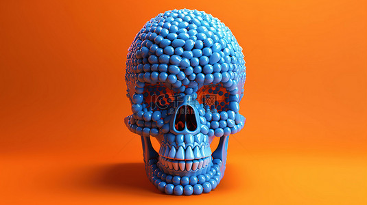 海滨制药背景图片_3d 插图隔离蓝色胶囊丸头骨在充满活力的橙色背景