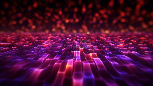 波浪状地板上红色和紫色数字粒子的抽象 3D 渲染