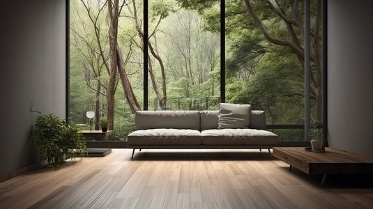 现代客厅配有木地板沙发和 3D 设计的自然背景