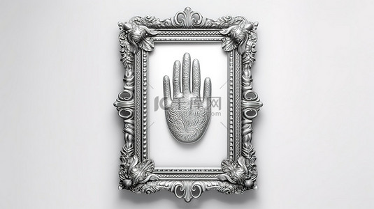 伊斯蘭背景图片_3D 渲染的银色 hamsa 和法蒂玛护身符之手显示在白色背景上的空相框上