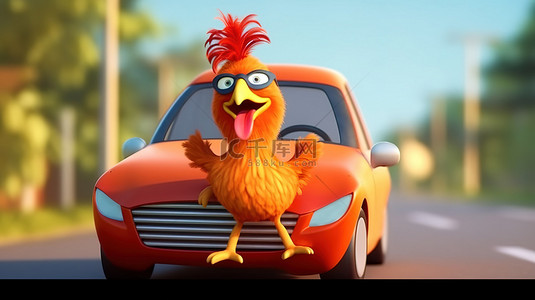 放松搞笑背景图片_驾驶方向盘的搞笑 3D 小鸡卡通