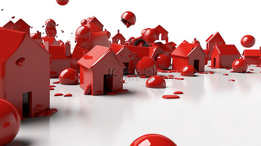贷款背景图片_一群深红色的住所在 3D 中翻滚在雪白的画布上