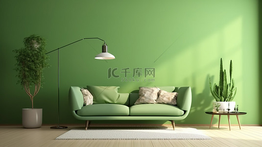 3D渲染的绿墙客厅，氛围舒适