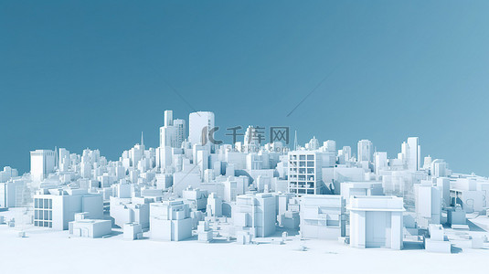 欧洲花草剪影背景图片_蓝色背景与孤立的 3d 白色城市全景呈现