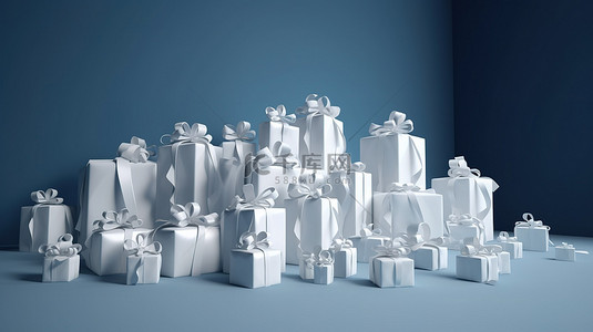蓝白礼盒蓝白礼盒背景图片_蓝色主题背景，有一簇白色礼物，上面装饰着 3d 蓝丝带