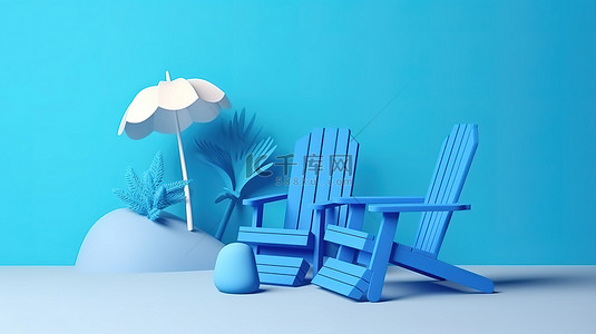 暑假概念的简约 3D 渲染，以彩色沙滩椅和蓝色显示模型上的元素为特色