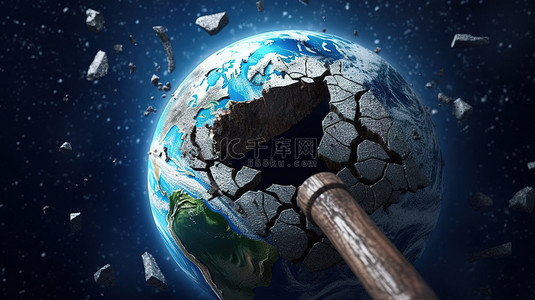 老旧锤子背景图片_3D 插图行星地球被强大的锤子击碎和断裂，充足的复制空间