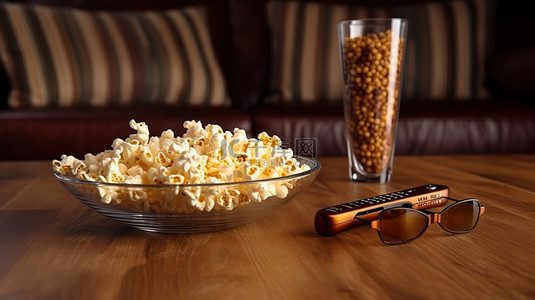 家庭娱乐爆米花 3D 眼镜和电视遥控器在质朴的木桌上