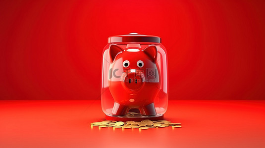 账户转账背景图片_红色背景 3D 渲染大型玻璃存钱罐，里面装有硬币，用于保存开设银行账户或存钱