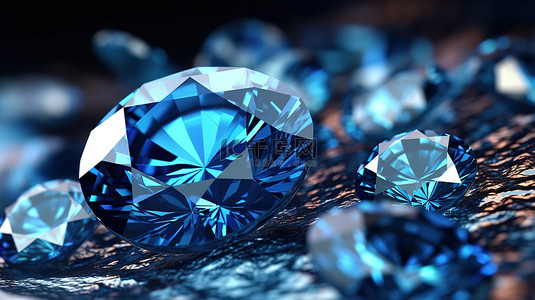 闪闪发光的蓝色蓝宝石钻石与 3D 渲染的钻石簇