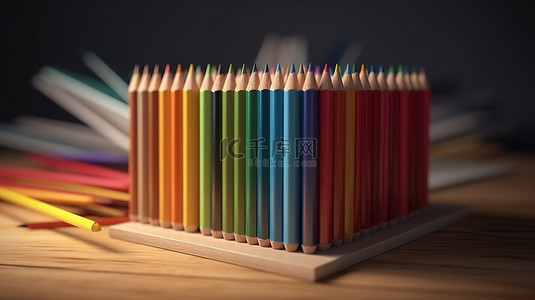 具有可用复制空间的 3d 渲染设计中的书籍和彩色铅笔