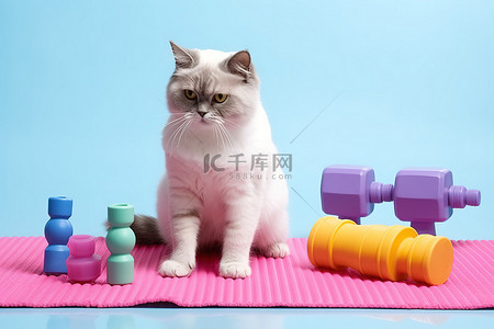花式跳绳背景图片_一只猫拿着水和哑铃坐在粉红色的垫子上