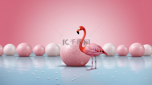 沙池背景图片_粉红色火烈鸟池漂浮的 3D 插图，背景中有复制空间