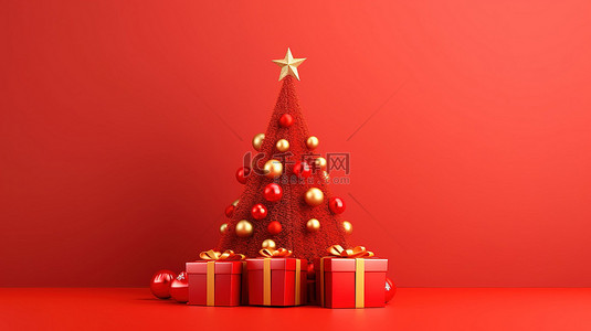 冬天红色背景背景图片_圣诞树的节日横幅和红色背景 3D 视觉上的新年快乐礼物