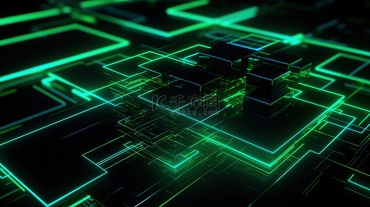 黑色和绿色抽象几何背景上的霓虹灯发光未来主义 3D 渲染