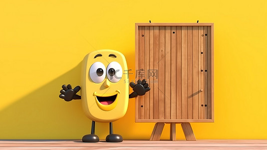 可爱的闹钟吉祥物在户外显示屏上拿着木制菜单板，在黄色背景 3D 渲染图像的衬托下