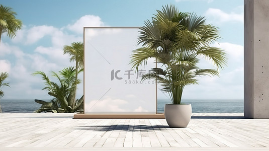 带棕榈树装饰的垂直落地广告牌的 3D 渲染