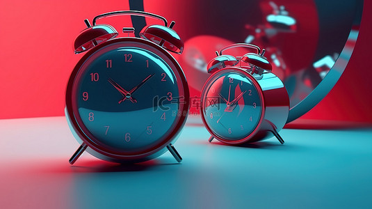 圆形手表背景图片_圆形红色背景，具有 3D 渲染中蓝色时钟和闹钟符号的透视图