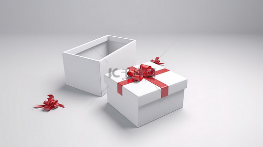白色礼盒上的空白空间，在 3D 渲染中带有红丝带蝴蝶结