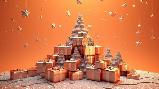 节日 3D 渲染插图卡，带有醒目的球闪闪发光的星星高耸的树礼盒祝您圣诞快乐新年快乐