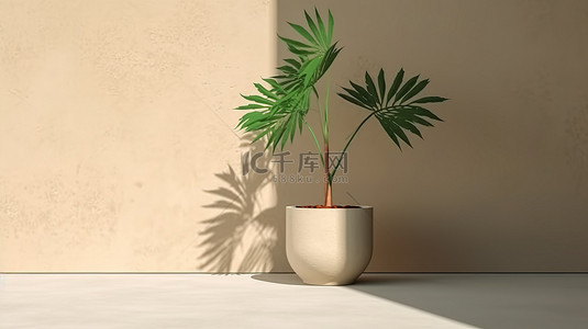用绿盆和树枝在米色混凝土背景上热带树影产品放置的 3D 渲染