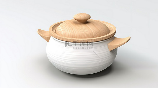 粘土风格的亚洲风格木碗，带盖，用于在白色背景上以 3D 形式呈现食物