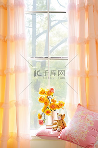 粉红色的窗帘，白色的花朵和一棵桃树