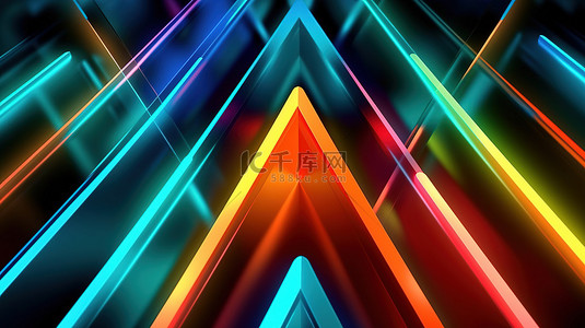 充满活力的霓虹灯线条和三角形通过 3D 插图捕捉到动态俱乐部风格的优雅而奢华的抽象背景