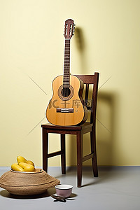木椅上的尤克里里琴香蕉和巧克力