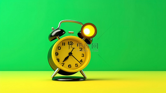 信号发射背景图片_3D 渲染的闹钟吉祥物，在充满活力的黄色背景上带有绿色交通灯
