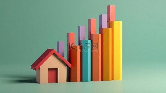 房子图标背景图片_1 3D 渲染的房子图标以及随附的生长图表