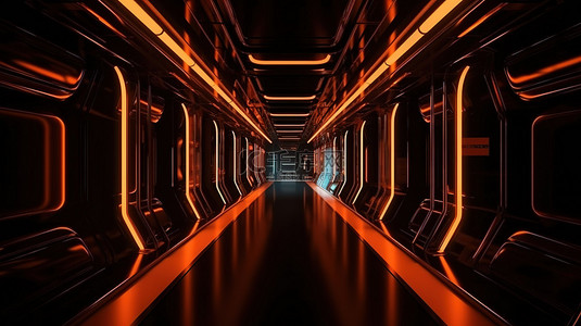 橙色世界背景图片_科幻插图霓虹橙色宇宙飞船走廊在黑色背景上以 3d 呈现