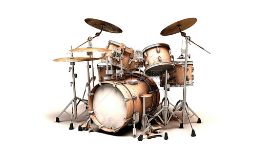 白色背景上粘土风格专业摇滚鼓套件的 3D 渲染
