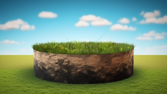 蓝天背景下带有土壤和绿草横截面的圆形陆地讲台的 3d 图像