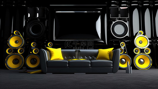 现代设计时尚的黑色内饰，配有充满活力的黄色扬声器系统舒适的沙发和高清电视 3D 渲染