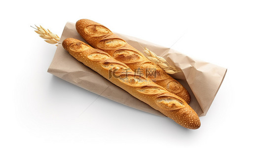新鲜出炉的法棍面包包装在白色背景 3D 渲染上隔离的纸中