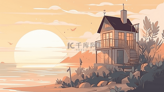 海边的小房子背景图片_卡通房子日落背景