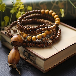 一个木珠念珠和一个装有书籍和书写材料的木盒