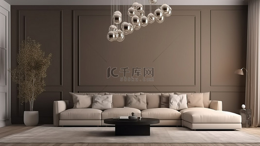 米色墙壁和大灰色沙发的室内设计 3D 渲染，配有暖白色玻璃灯圆顶