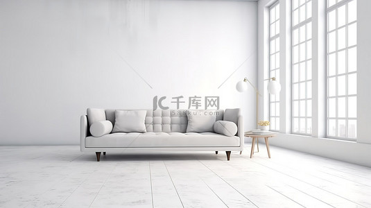 时尚的白色斯堪的纳维亚沙发，采用现代内饰，可定制 3D 渲染图像