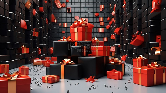 打开礼盒的节日 3D 图像庆祝黑色星期五超级销售圣诞节和新年快乐促销
