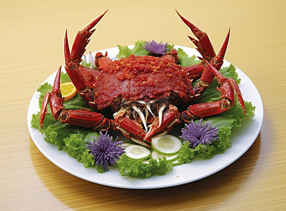 螃蟹螃蟹背景图片_上面有酱汁和生菜的螃蟹的图像
