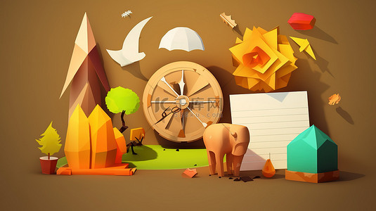 折纸风格动物背景图片_3d 卡通风格版本 3 中的低聚纸图标