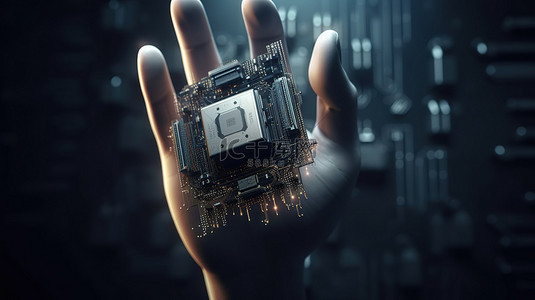 cpu科技背景图片_3D 渲染中的数字化机器人手握着 CPU 芯片