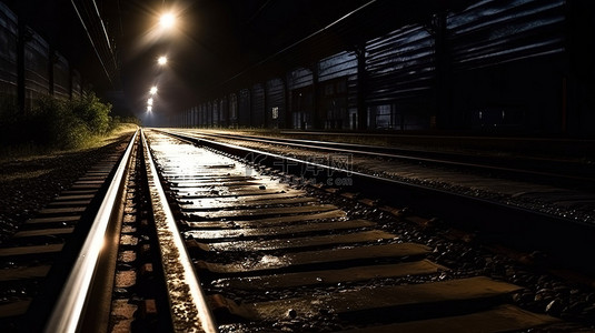 公路铁路背景图片_夜间铁路轨道的阴影和照明 3D 可视化