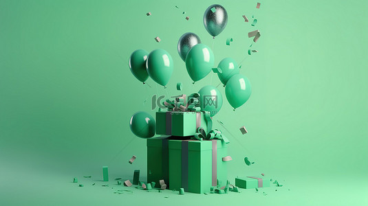 绿色生日背景图片_带有 9 号生日气球和五彩纸屑的爆炸式礼品盒，绿色背景 3d 渲染概念，用于欢乐庆祝