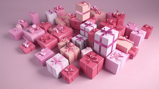 粉色礼品盒的顶视图 3D 渲染非常适合生日庆祝活动