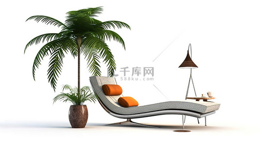 白色背景上的飞机躺椅和棕榈树的 3D 插图，具有隔离